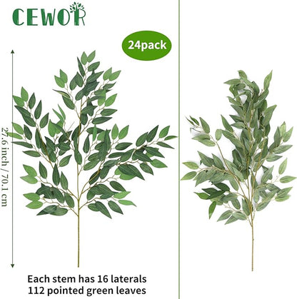 CEWOR 24pcs Italian Ruscus Greenery Stems, 27.6in Artificial Green Leaf Garland Vines Hanging Spray for Wedding Arch Bouquet Filler Table Centerpieces Home Decor