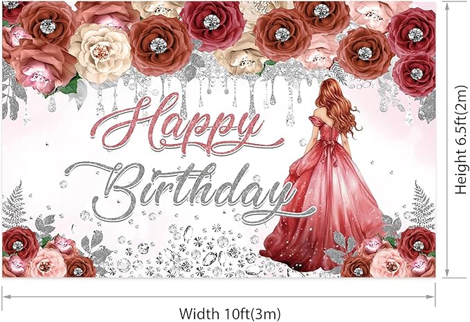 AOFOTO Happy Birthday Backdrop Red Beige Pink Rose Floral Diamond Print Photography Background for Women Girls Birthday Party Banner Home Wall Decor Photo Studio Booth Props 10x6.5ft