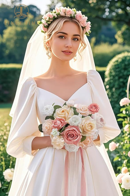 TINGE TIME 9 inch Bridal Bouquets for Bride, Artificial Silk Flowers Tossing Bouquet, Bride Bouquets for Wedding, Ceremony, Anniversary (Champange&Pink)