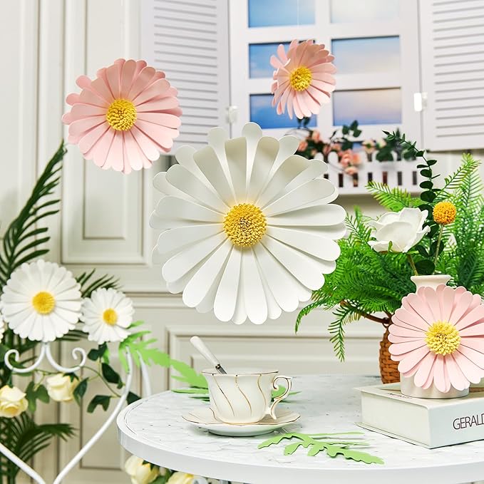 Paper Flowers Decorations for Wall Giant Daisy Flowers Bulletin Board Decoration 3D Floral Tissue Paper Flowers Hanging for Classroom Wedding Baby Shower Tea Party Backdrop (Pink, White