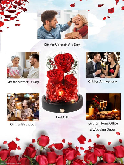 Forever Christmas Flowers for Delivery, Preserved Rose in Glass Dome with LED.Red Eternal Flowers Gifts for Women Wife Mom on Mothers Day, Valentines Day, Anniverysary, Birthday