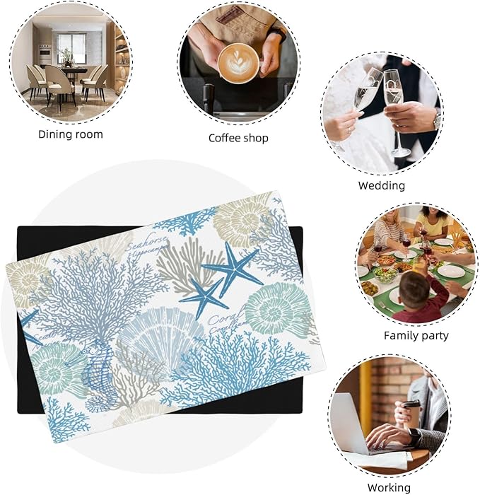 Starfish Placemats, Watercolour Summer Blue Underwater Coral Seashells Starfish Seahorse Sea Animals Print Washable Fabric Placemats Table Kitchen Dining Party 12x18 Inch Set of 6