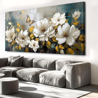 vgrozirh Wall Art Modern Flower Artwork Paintings White Blossom Gold Leaf Butterfly Landscape Picture wall Decor for Living Room Bedroom Kitchen 71"x36"