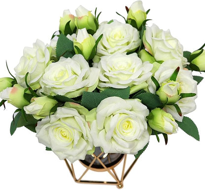 Faux Flowers with Vase, Silk Roses Bouquet Artificial Flowers in Vase, Fake Flowers Floral Arrangement for Home Decor Indoor, Table Centerpieces Flowers Decoration for Farmhouse (White)