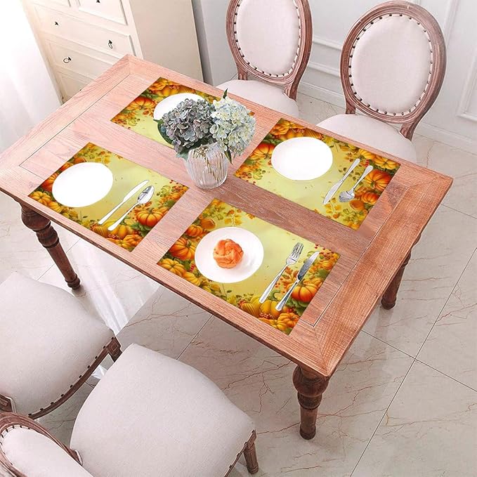 PVC Placemats Set of 6 Wipeable Table Mats Washable Heat Resistant Non Slip Vinyl Dining Table Mat for Kitchen Indoor Outdoor Patio Farmhouse Place Mats Thanksgiving Pumpkin Leaf Decorative
