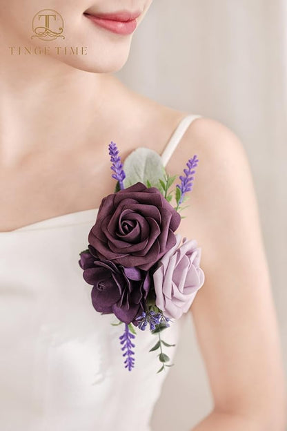 TINGE TIME Artificial Shoulder Corsages Flowers, Set of 2, Mother of The Bride Floral Corsage for Wedding Ceremony Anniversary Formal Dinner Party (Lavender & Plum)