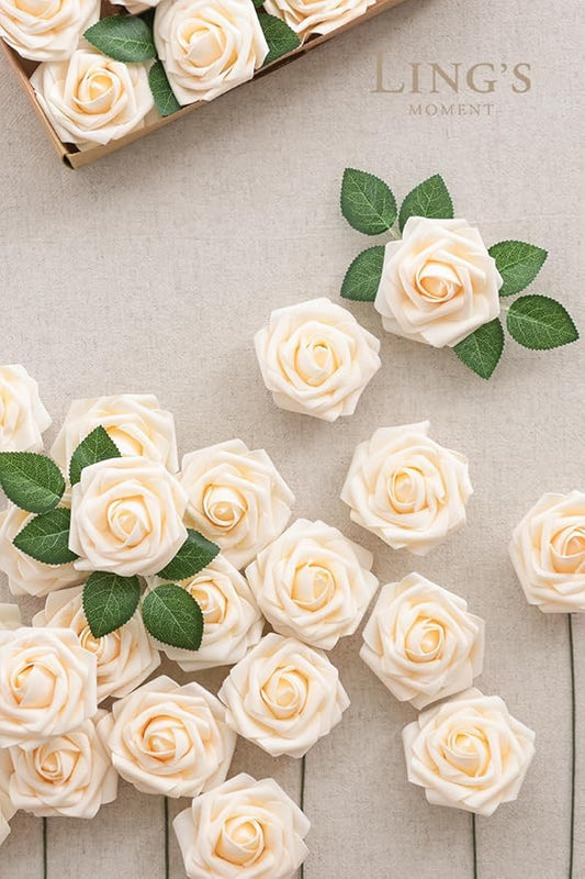 Ling's moment Artificial Flowers 25Pcs Cream Roses Decor w/Stems,3" Real Touch DIY Foam Floral for Wedding Bouquet/Centerpieces, Outdoors Party Backdrop, Room/Table, and Garden/Pot Decorations