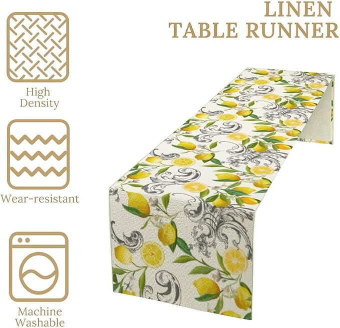 Lemon Table Runner , Summer Yellow Fruits Green Leaves Kitchen Dinning Table Decoration for Indoor Outdoor Home Party Decor 13"x108"