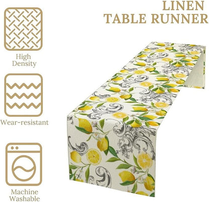 Lemon Table Runner , Summer Yellow Fruits Green Leaves Kitchen Dinning Table Decoration for Indoor Outdoor Home Party Decor 13"x70"