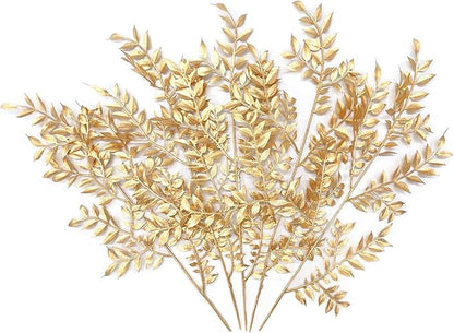 Fake Plants Leaves Christmas Decoration, PASYOU Gold Artificial Shrubs Grass Foliage Plastic Bulk Leaf Indoor Outdoor Home Garden Party Hotel Verandah Wedding Event Faux Decor Ornaments, Golden 5 Pack