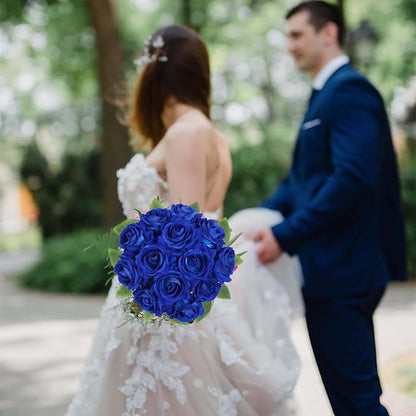 Blue Roses Artificial Flowers 16pcs Royal Blue Flowers Artificial Roses with Stems 3.15" Fake Roses for Bridal Bouquet Wedding Flowers for Floral Centerpieces