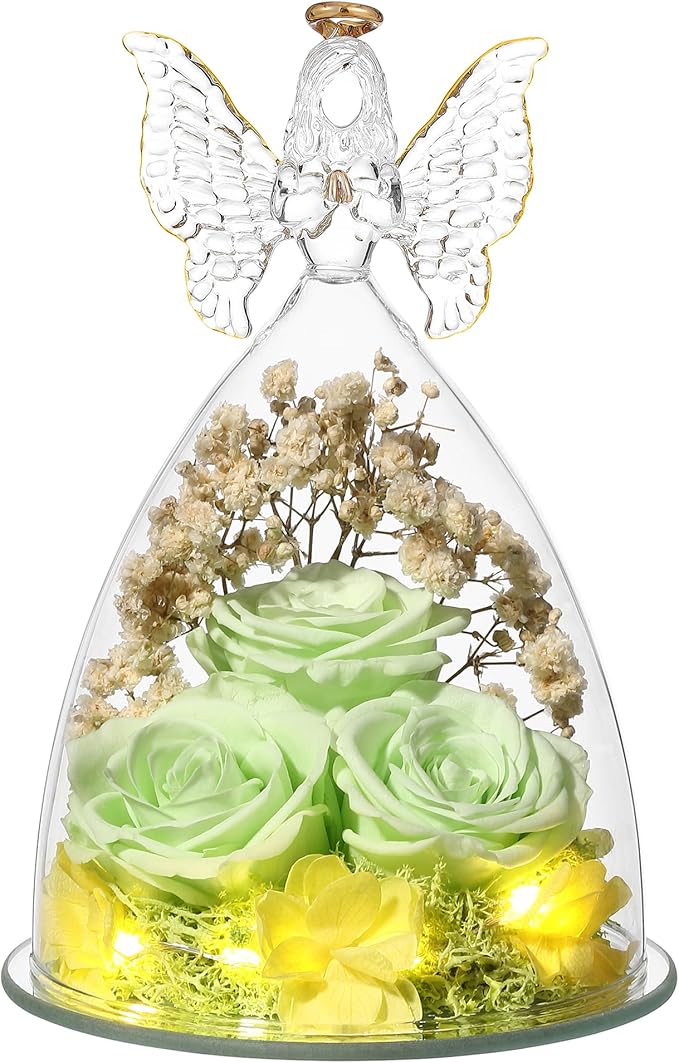 Mothers Day Mom Gifts for Women Preserved Flowers in Glass Angel Forever Flowers Gifts Eternal Roses Gifts for Grandma, Green