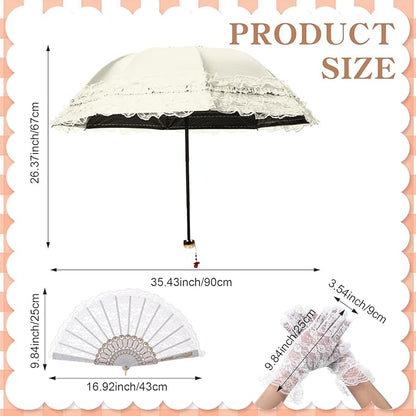 Princess Lace Parasol Folding Gothic Lolita Umbrella Lace Parasol Gloves Fan Set Flower Printed Lining for Cute UV Sun Protection Umbrella for Christmas Wedding Cosplay Photoshoot Decoration