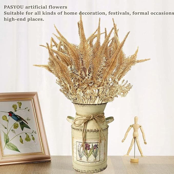 Artificial Golden Plants Decoration, Fake Plant Shrubs Plastic Grass Simulation Tail Leaves for Christmas Indoor Outdoor Hall Home Garden Planter Filler Party Verandah Wedding DIY Decor - Gold 2 Pack