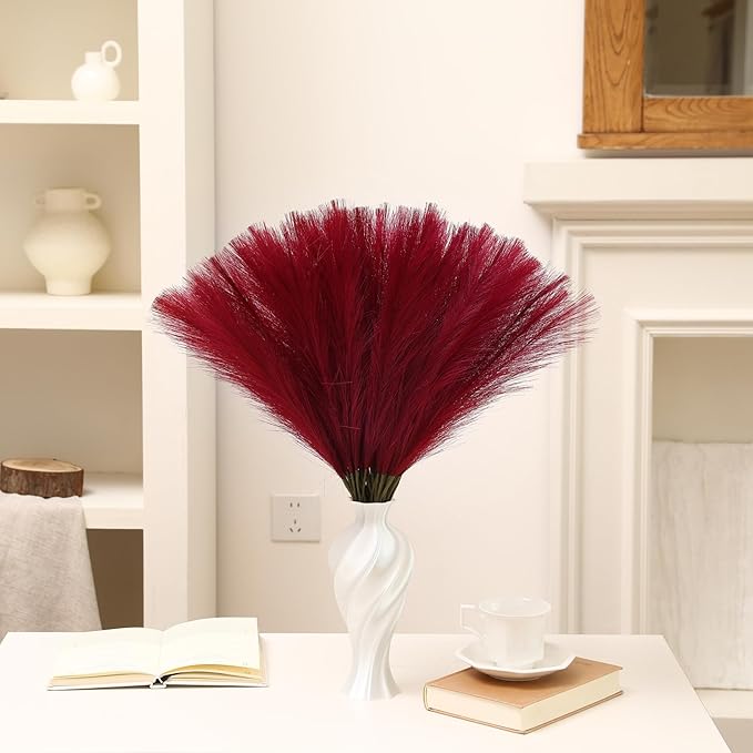 Faux Burgundy Pampas Grass - 30pcs 24 Inch Artificial Pampas Grass Decor Tall, Fake Pompas Grass for Vase Filler, Table Centerpieces, Wedding, Party and Home Decor (Burgundy, 60 Pieces)