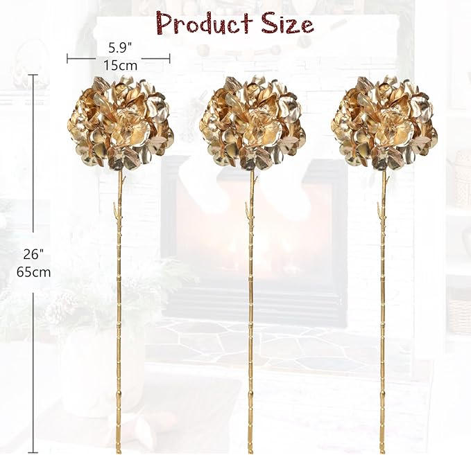 Hollyone 3Pcs Artificial Hydrangea Flowers 26inch Christmas Ornaments Flowers Champagne Gold Fake Hydrangea Flower Floral Arrangements Bouquets Xmas Faux Hydrangeas Stems Wedding Christmas Home Decor