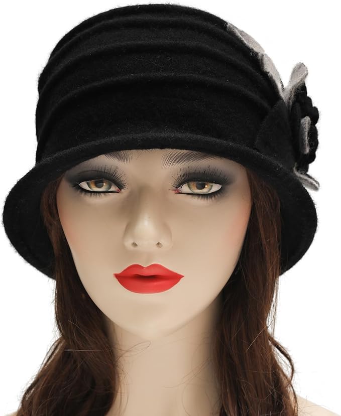 ZLYC Women Wool Cloche Bucket Hat 1920s Vintage Dress Winter Hats with Flower Accent