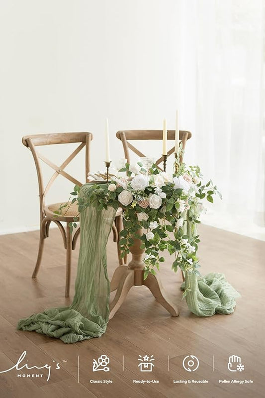 Ling's moment 2PCS Artificial Floral Swags Arch Flowers Wedding Centerpieces Flower Rose Garland Mantel Greenery Arrangements for Sweetheart Welcome Signs Decor Wall Window Home Decor White & Sage