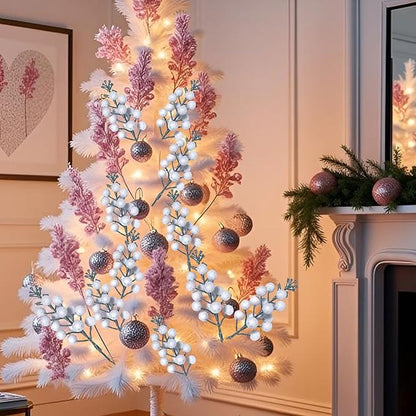 24Pack Christmas Picks Glitter Berries Stems Artificial White Berry Branches Holly Picks Stems Christmas Tree Ornaments for DIY Xmas Wreath Crafts Gifts Holiday Home Decor (White)