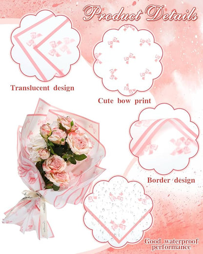 Liobelon 20 Sheets Flower Wrapping Paper Waterproof Bouquet Paper Bow Pattern Pink Gift Wrapping Paper for Flower Shop, Wedding, Birthday Party, Handmade DIY, Anniversary 22.8 x 22.8Inch