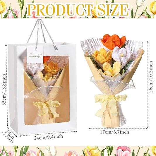 Crochet Flowers Bouquet Gift Christmas Crochet Flower Tulips Completed Handmade Knitted Bouquet with Card for Women Girlfriend Lover Appreciation Gift Birthday Wedding Teacher Decor(Orange)