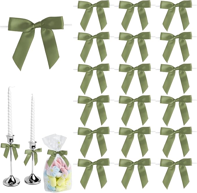 50 PCS Light Green Twist Tie Bows 2.5" Satin Ribbon Bows Decor for Gift Wrapping Craft Treat Bags Cake Pop Basket, Wedding Baby Shower Birthday Party Favors
