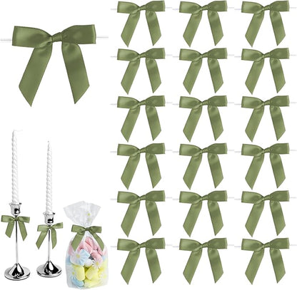 50 PCS Light Green Twist Tie Bows 2.5" Satin Ribbon Bows Decor for Gift Wrapping Craft Treat Bags Cake Pop Basket, Wedding Baby Shower Birthday Party Favors