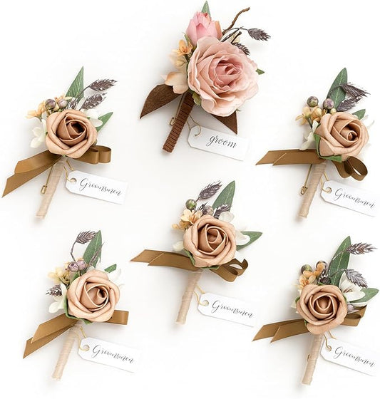 Ling's moment Boutonniere for Men, 6pcs Groom Groomsmen Boutonniere, Artificial Flowers for Wedding Decor/Prom/Homecoming, etc.Shabby Pink Dusty Rose