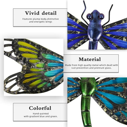 HONGLAND 2Pcs Metal Dragonfly Wall Decor Outdoor Dragonfly Wall Art Glass Sculpture for Home Garden,Gradient Blue&Green