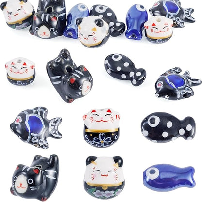 Beadthoven 12pcs Lucky Animal Ceramic Beads 3D Black Blue Handmade Porcelain Craft Beads Cute Fish Cat Shaped Floral Printed Animal Spacers for DIY Crafts Bracelet Earring Necklace Jewelry Making