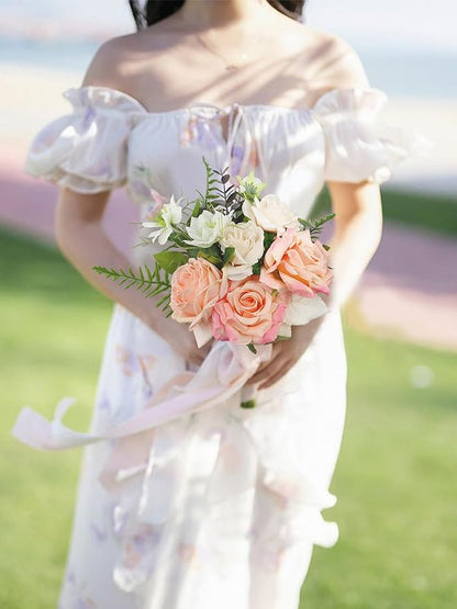 Rinlong 1Pc Pink Champagne Bridesmaids Bouquet Artificial Wedding Bouquets for Bridesmaid Silk Bouquet for Homecoming Prom