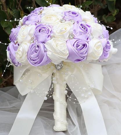 Bridal Wedding Bouquet Round Bling Brooch Bouquet Throw Toss Artificial Rose Flower Bunch for Bride Bridesmaid Wedding Quinceanera(Light Purple & Ivory, 6.3")