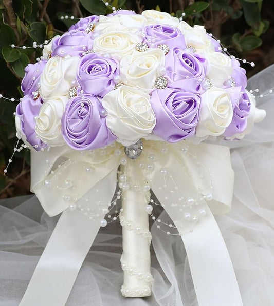 Bridal Wedding Bouquet Round Bling Brooch Bouquet Throw Toss Artificial Rose Flower Bunch for Bride Bridesmaid Wedding Quinceanera(Light Purple & Ivory, 6.3")