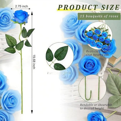 Blue Roses Artificial Flowers 15 PCS, Fake Roses Silk Flowers with Long Stems, Faux Rose for Wedding Centerpieces, Home Decor, Indoor Floral Arrangements, Party Decor, DIY Bouquet (Sky Blue)