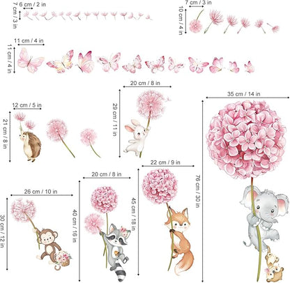 decalmile Animal Flower Pink Dandelion Wall Stickers Forest Animals Elephant Fox Monkey Wall Decals Baby Nursery Girls Bedroom Kids Room Wall Decor
