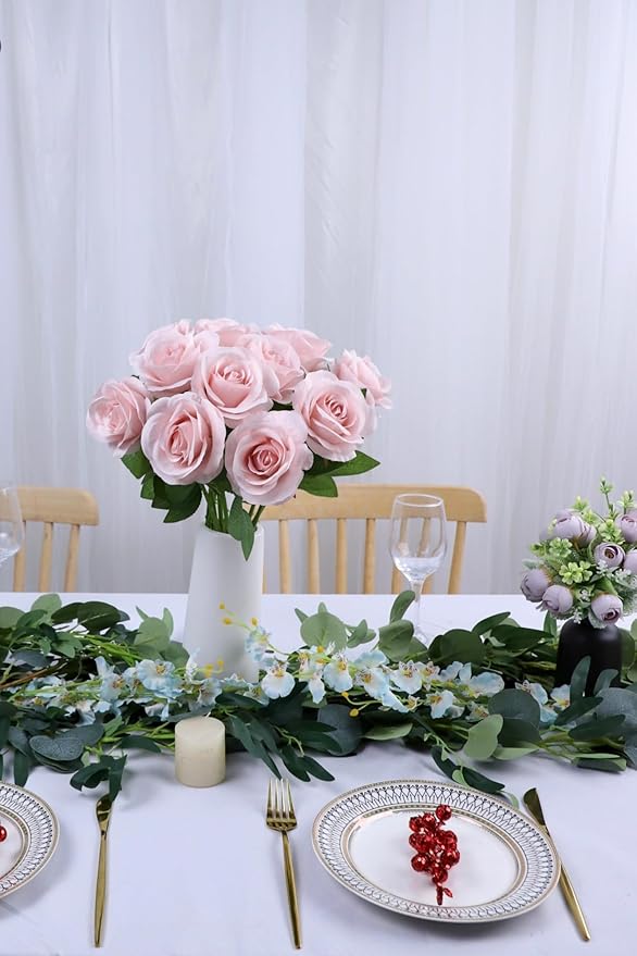 12pcs Roses Artificial Flowers Real Touch Fake Flowers with Long Stems Silk Flowers for Wedding Bouquet Centerpices Decorations Party Bridal Baby Shower Home Decor (Dusty Pink)