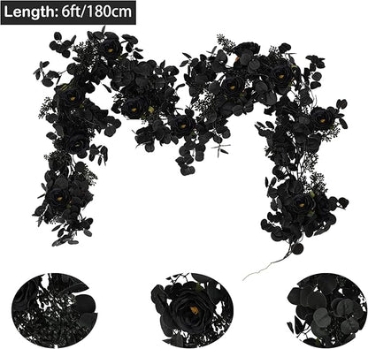6FT Black Halloween Garland with 10 Black Rose and Berries, Artificial Flower Eucalyptus Garland for Halloween Decorations for Wedding Party Table Decor Indoor Outdoor Backdrop Wall Decor