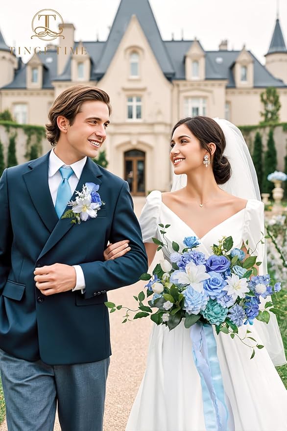 TINGE TIME 13 Inch Wedding Bouquets for Bride,Bridal Bouquet for Bride, Artificial Silk Flowers for Wedding Ceremony and Anniversary (Provence Blue)