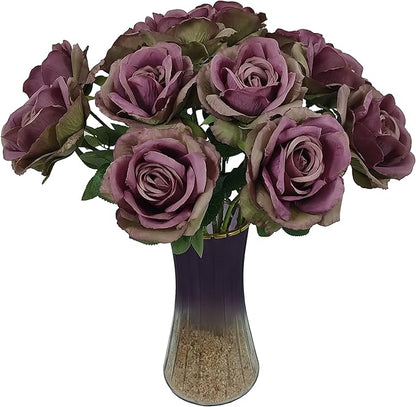 Fall Purple Satin Roses,12 Pcs Purple Roses Flowers, Silk Floral,Artificial Flowers with Stems for Wedding Arrangement Centerpieces Party Home Table Decorations,Flores Artificiales