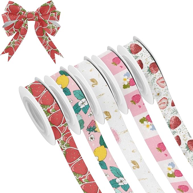 Red Strawberry Fabric Ribbon for Gift Wrapping Crafts Flower Bouquet Wedding Party Decorative Assorted Patterns 5 Yards×5 Rolls