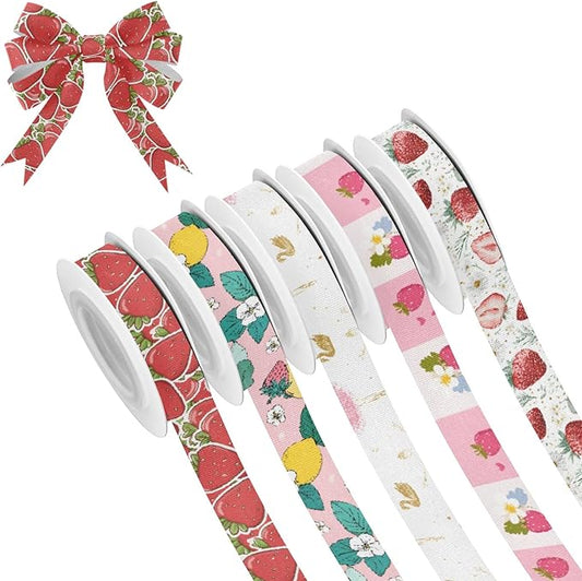 Red Strawberry Fabric Ribbon for Gift Wrapping Crafts Flower Bouquet Wedding Party Decorative Assorted Patterns 5 Yards×5 Rolls
