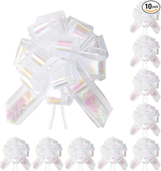 10-Pack Pearl White Pull Bows for Gift Wrapping - 6 Inch Reusable Ribbon Bows, Large Instant Floral Decor Bows for Wedding, Christmas, Birthday Decor, Gift Basket & Party Decorations