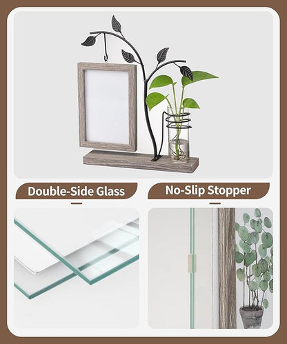 Afuly 4x6 Picture Frame Family Picture Frames with Glass Bud Vase for Plants Flowers, Rustic Floating Frame with Double Glass Tabletop Display Anniversary Wedding Mothers Day Birthday Gifts