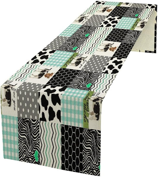 Cute Cow Print Table Runner,Farm Animals Honeycomb Plaid Stripes Cowhide Pattern Tablecloth Burlap for Hotel Indoors Outdoor Dining Room Kitchen Table Decor, 13x80in