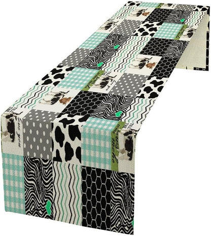 Cute Cow Print Table Runner,Farm Animals Honeycomb Plaid Stripes Cowhide Pattern Tablecloth Burlap for Hotel Indoors Outdoor Dining Room Kitchen Table Decor, 13x70in