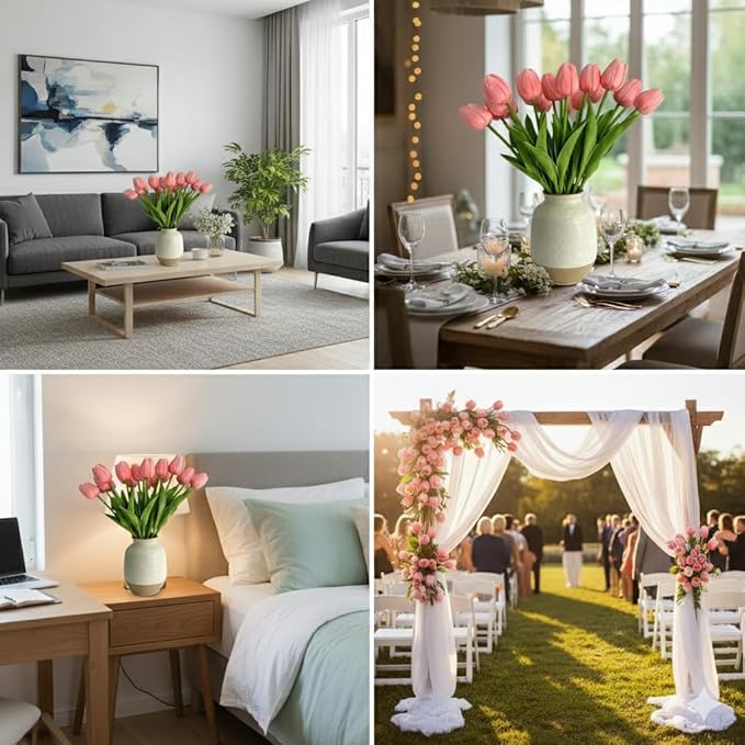 White Faux Tulips (20 Pcs) - Premium PU Artificial Flowers for Christmas & Thanksgiving Table Setting, Winter DIY Home Decor - 13.5" Real Touch