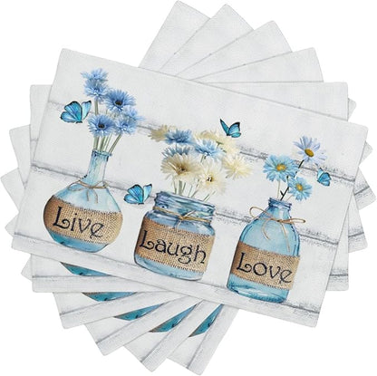 Daisy Flower Placemats Set of 6 Farmhouse Blue White Daisy Floral Table Mats Washable Place mats for Home Party Indoor Kitchen Dining Table Decoration 12x18 Inch