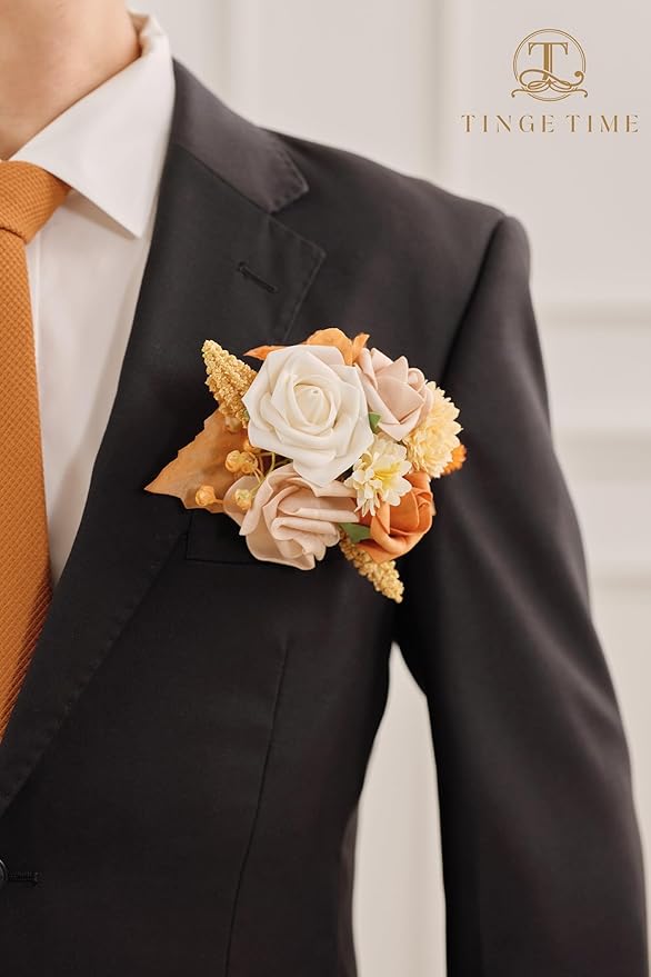 TINGE TIME Single Pocket Boutonniere for Man Groom, Best Man Boutonniere for Wedding, Prom, Homecoming, Anniversary, Graduation, Christmas Dinner(BurntOrange)