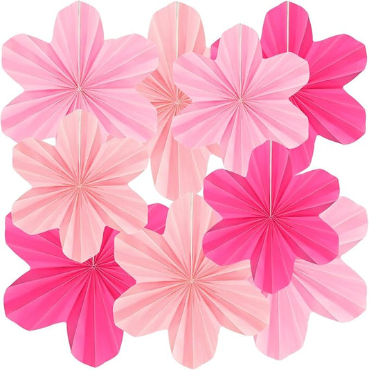 9 Pcs Pink Paper Flower Party Decorations, Hot Pink Paper Fans Hanging Ornaments Pink Birthday Decorations for Classroom Floral Backdrop Wedding Baby Showers Wall Decor