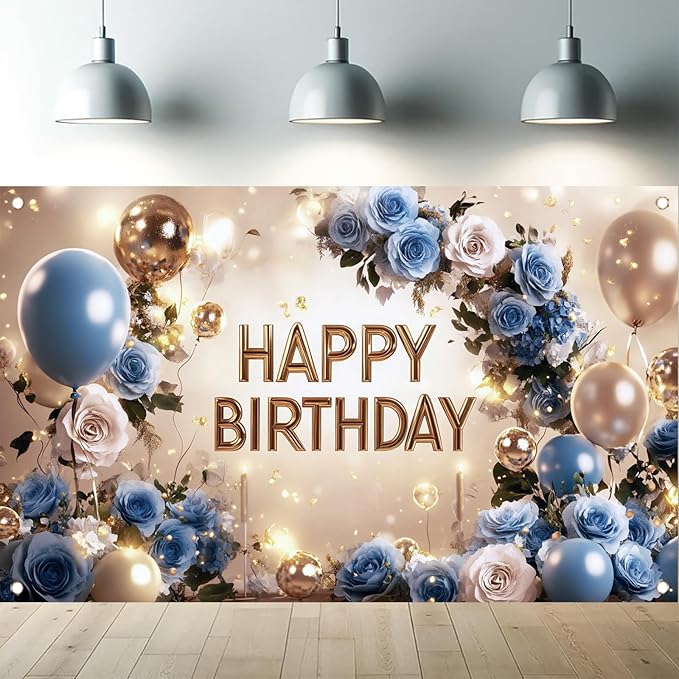 Blue and Gold Happy Birthday Backdrop Banner Elegant Floral Balloon Photography Background Birthday Party Decorations Glittering Rose Blue Gold Balloons Banner Supplies 71x43 Inch